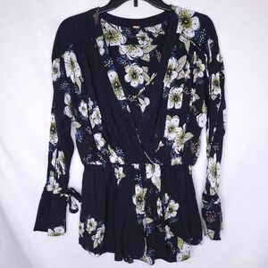 Free People Top Small Floral Black Tuscan Dreams Gathered Waist